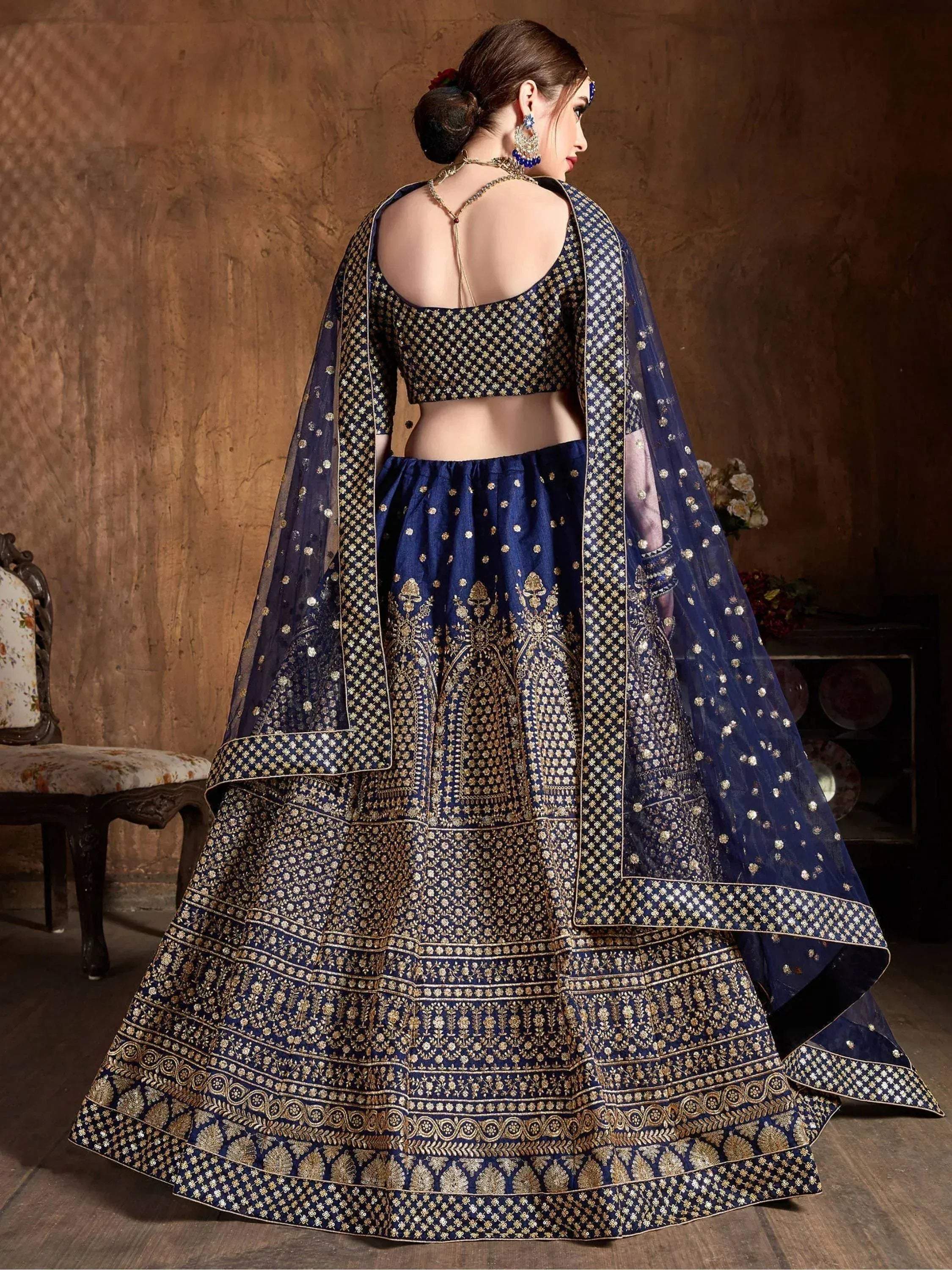 Tulsi Art Navy Blue Sequins Raw Silk Wedding Lehenga Choli With Dupatta | Grocsy
