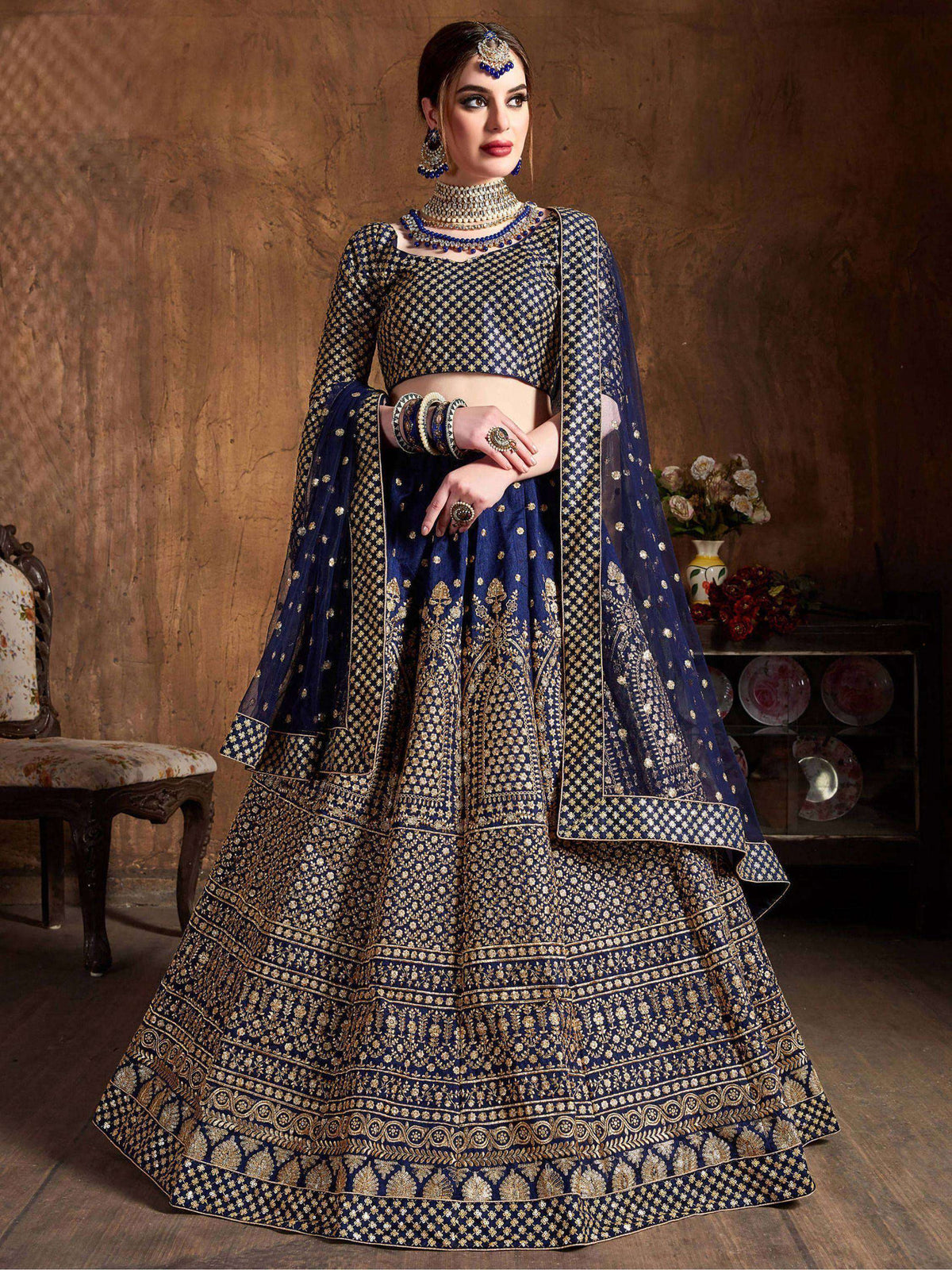 Tulsi Art Navy Blue Sequins Raw Silk Wedding Lehenga Choli With Dupatta | Grocsy