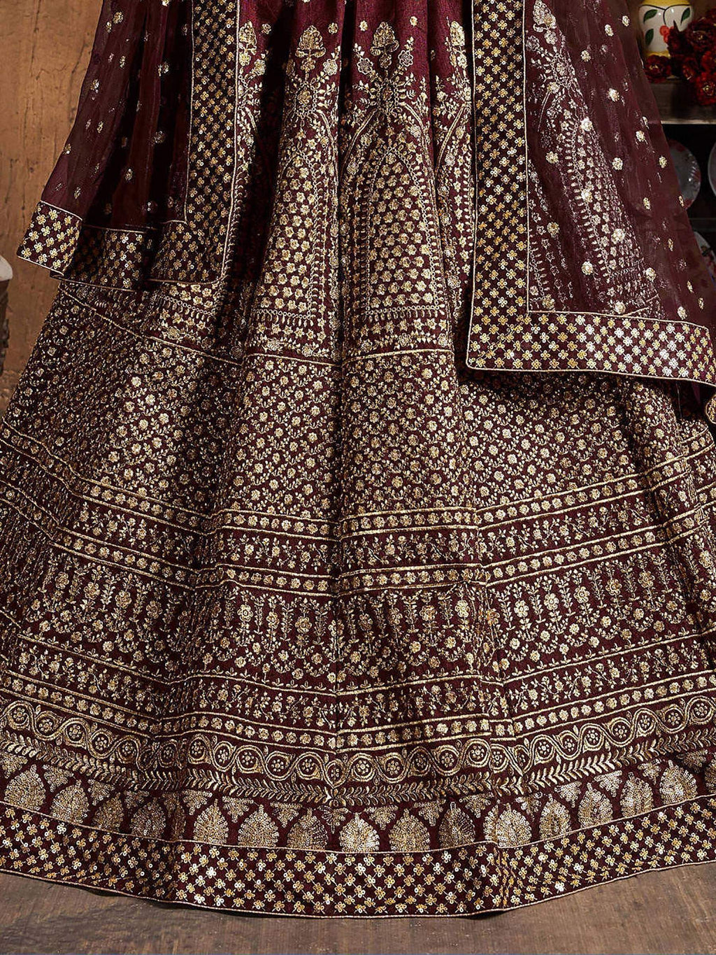 Tulsi Art Maroon Sequins Raw Silk Wedding Lehenga Choli With Dupatta | Grocsy