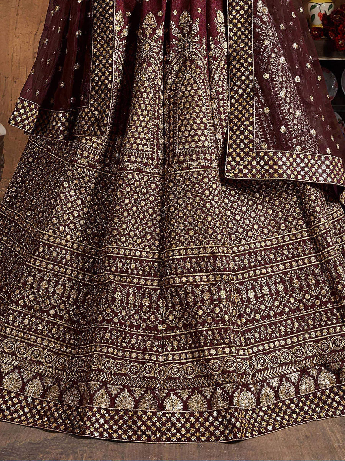 Tulsi Art Maroon Sequins Raw Silk Wedding Lehenga Choli With Dupatta | Grocsy