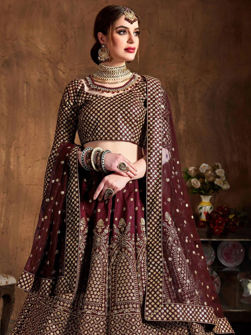 Tulsi Art Maroon Sequins Raw Silk Wedding Lehenga Choli With Dupatta | Grocsy