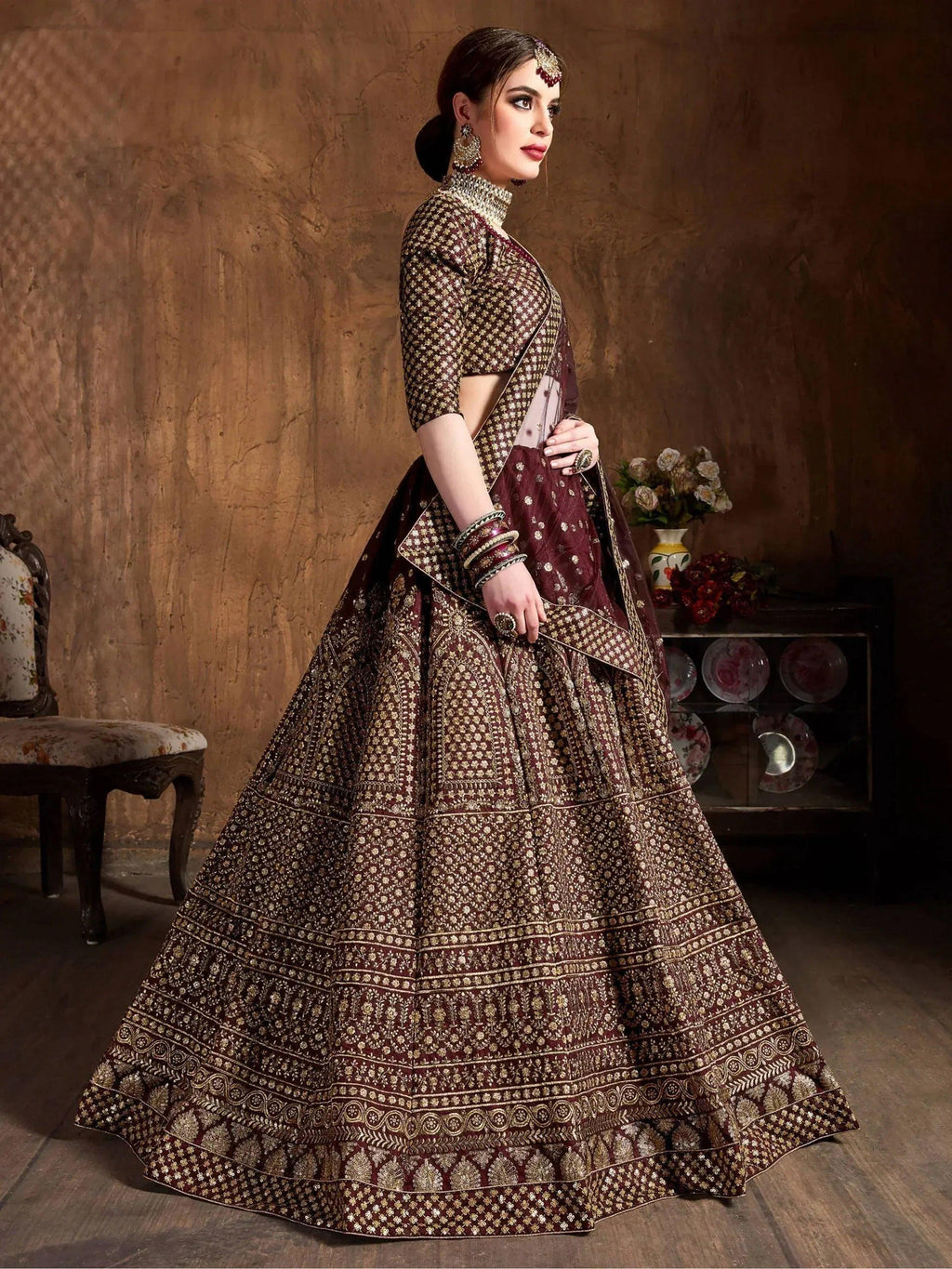 Tulsi Art Maroon Sequins Raw Silk Wedding Lehenga Choli With Dupatta | Grocsy