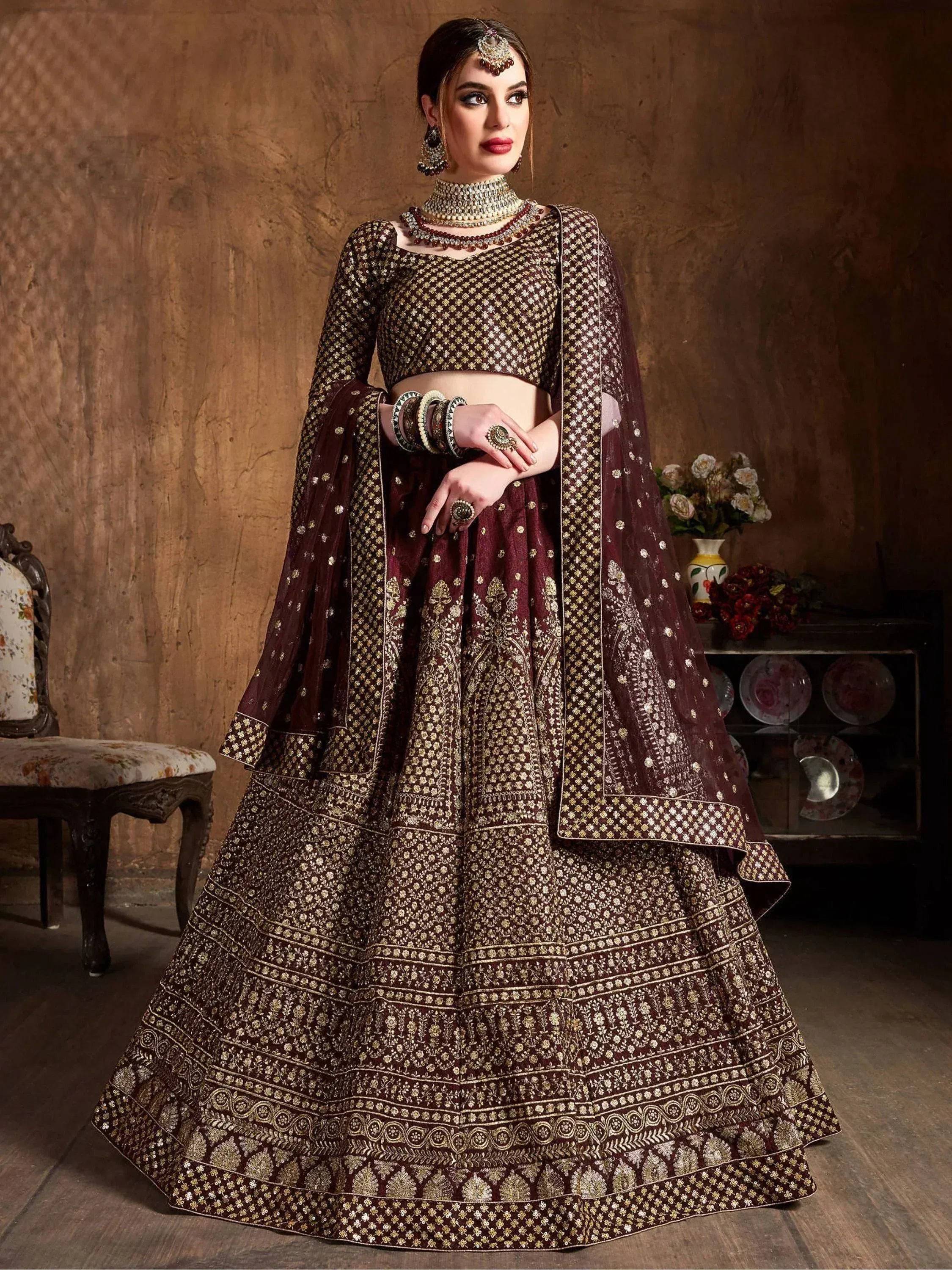 Tulsi Art Maroon Sequins Raw Silk Wedding Lehenga Choli With Dupatta | Grocsy