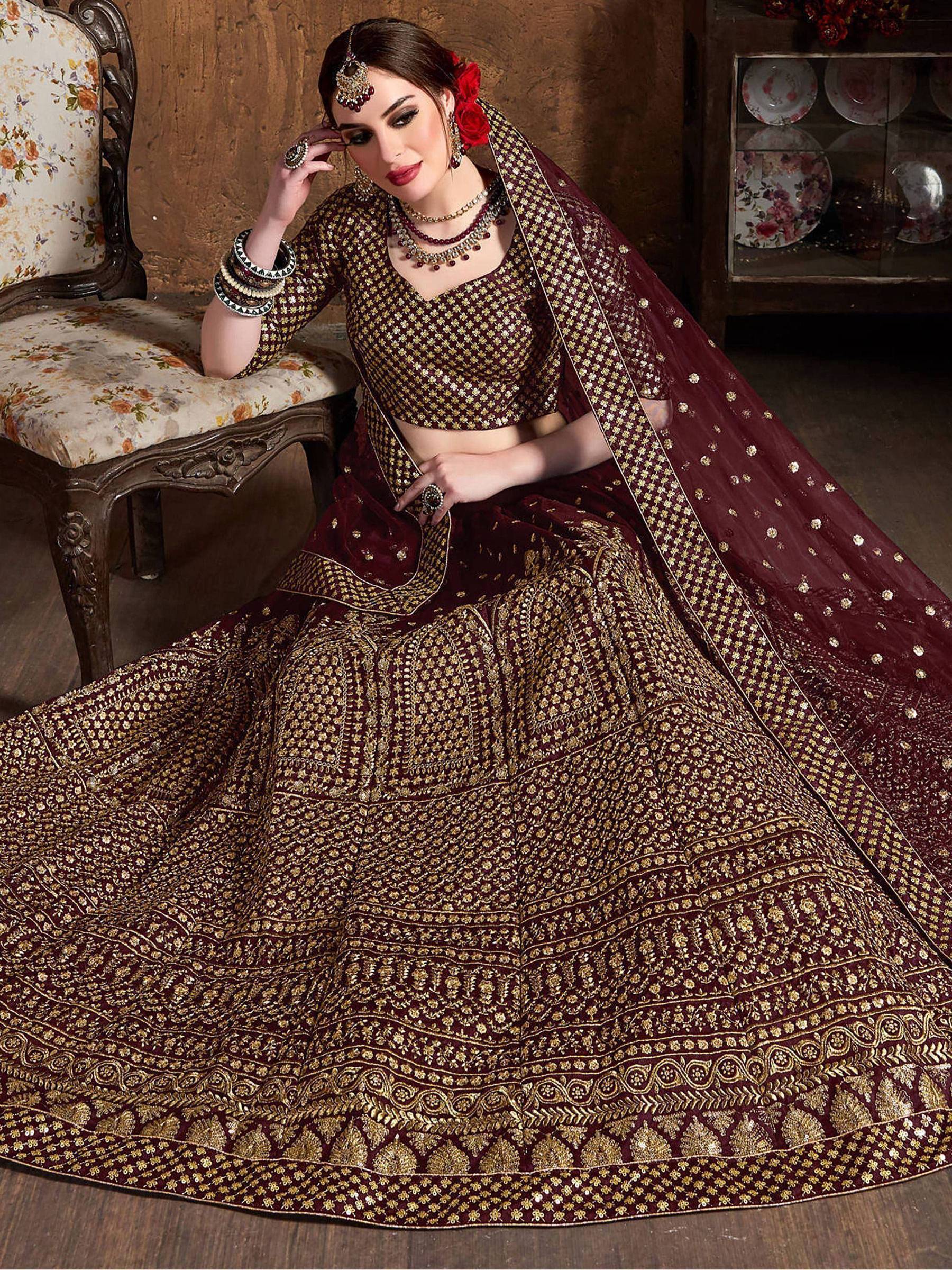 Tulsi Art Maroon Sequins Raw Silk Wedding Lehenga Choli With Dupatta | Grocsy