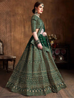 Tulsi Art Bottle Green Sequins Raw Silk Wedding Lehenga Choli With Dupatta | Grocsy