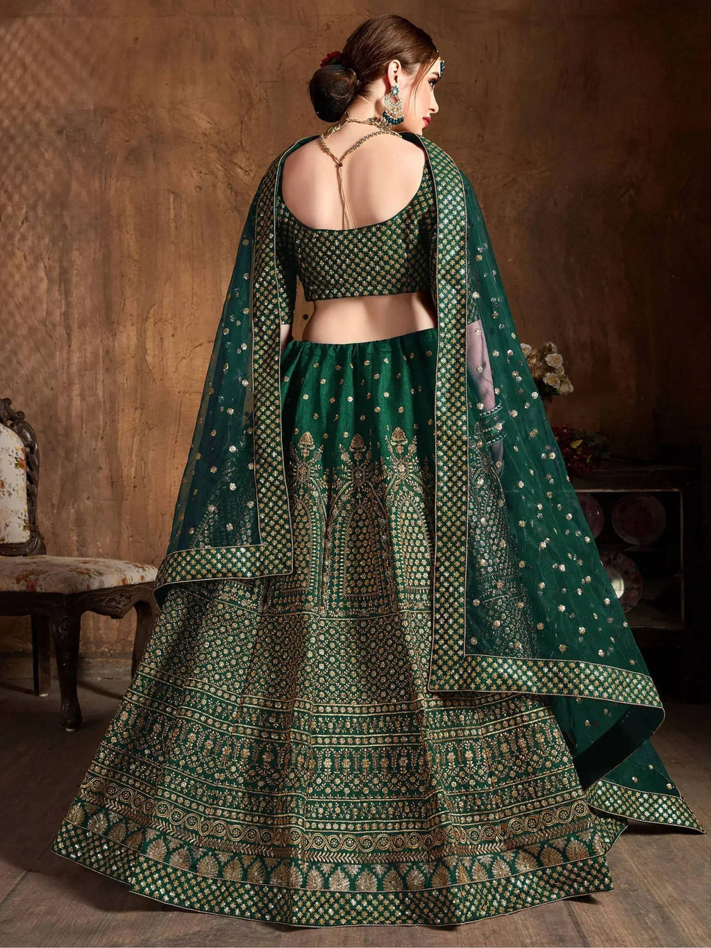 Tulsi Art Bottle Green Sequins Raw Silk Wedding Lehenga Choli With Dupatta | Grocsy