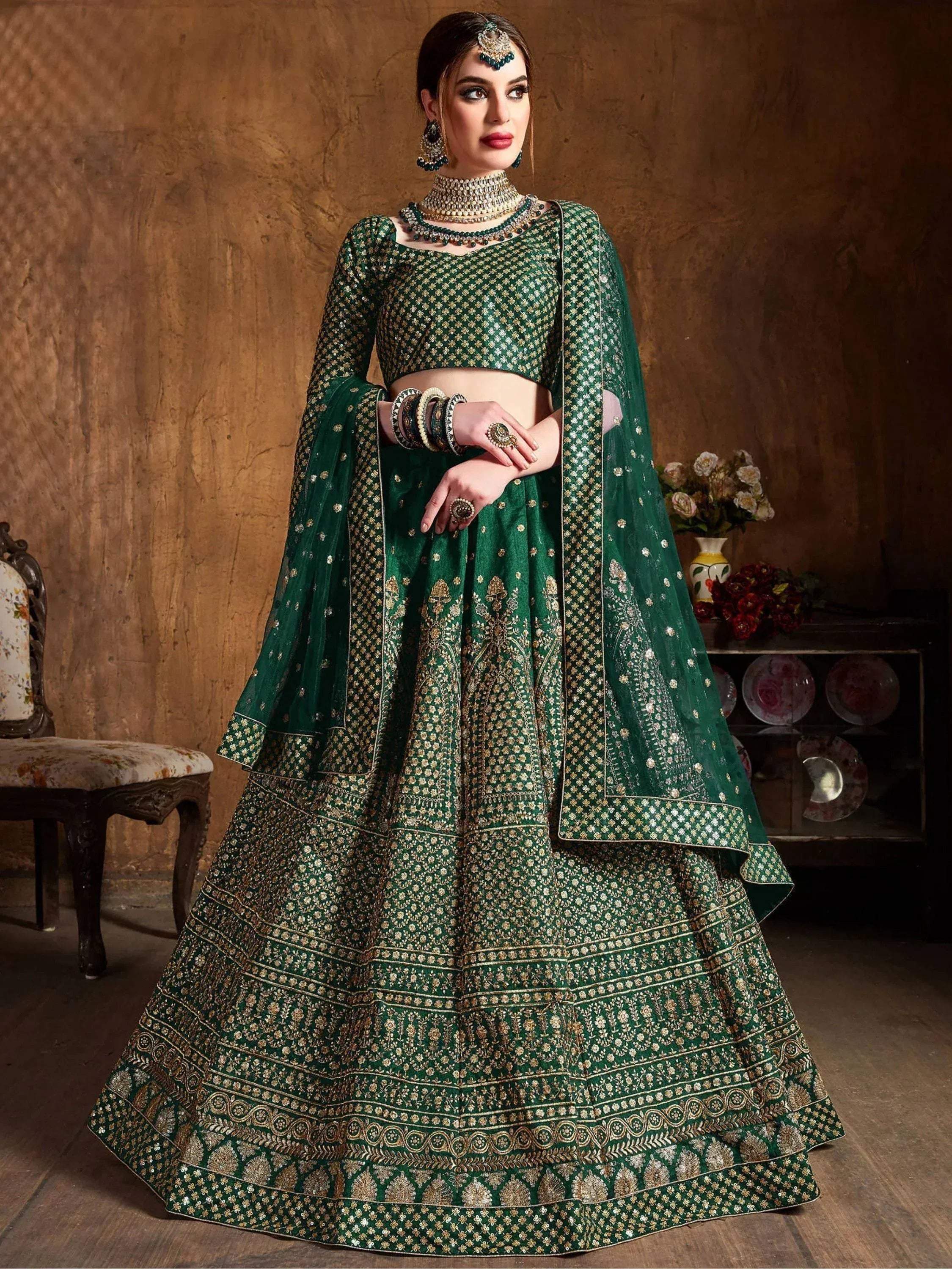 Tulsi Art Bottle Green Sequins Raw Silk Wedding Lehenga Choli With Dupatta | Grocsy