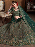 Tulsi Art Bottle Green Sequins Raw Silk Wedding Lehenga Choli With Dupatta | Grocsy