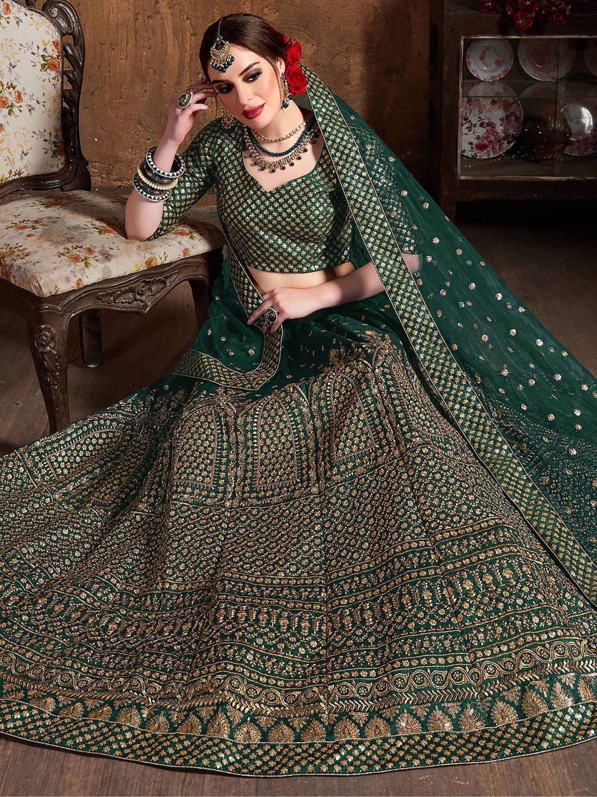Tulsi Art Bottle Green Sequins Raw Silk Wedding Lehenga Choli With Dupatta | Grocsy