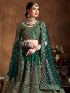 Tulsi Art Bottle Green Sequins Raw Silk Wedding Lehenga Choli With Dupatta | Grocsy