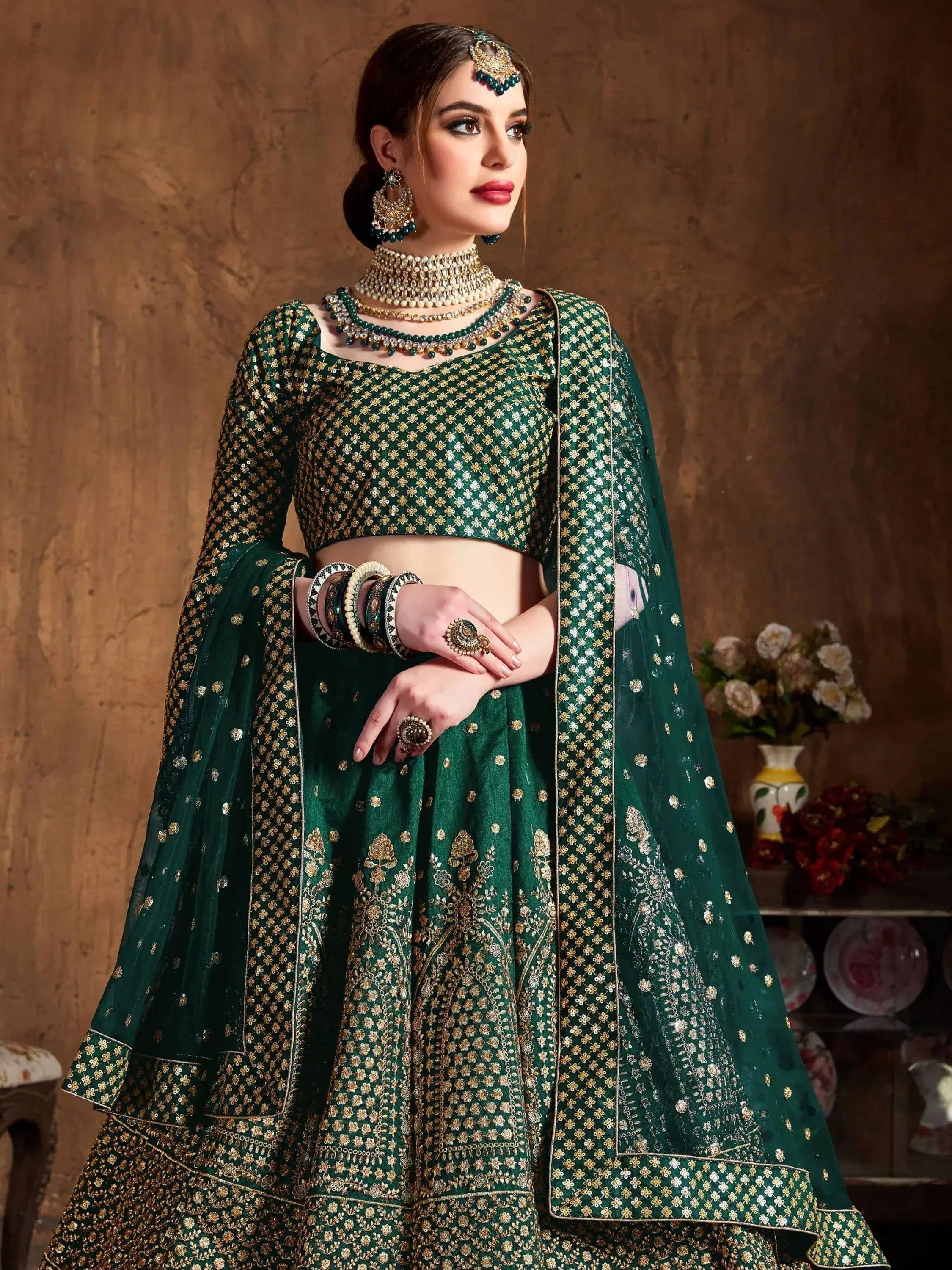 Tulsi Art Bottle Green Sequins Raw Silk Wedding Lehenga Choli With Dupatta | Grocsy