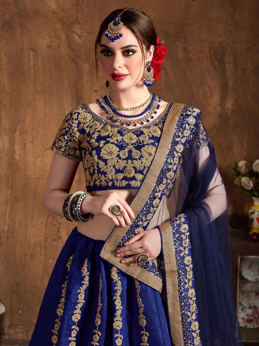 Tulsi Art Navy Blue Embroidery Raw Silk Wedding Lehenga Choli With Dupatta | Grocsy