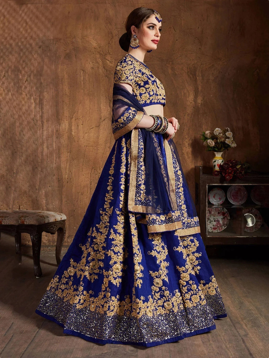 Tulsi Art Navy Blue Embroidery Raw Silk Wedding Lehenga Choli With Dupatta | Grocsy