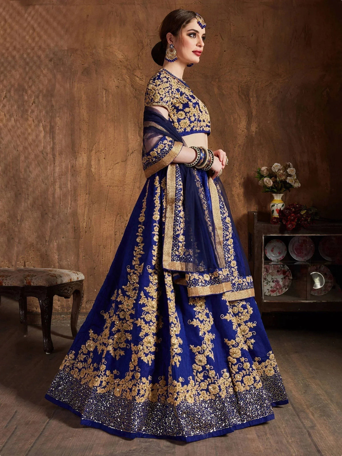 Tulsi Art Navy Blue Embroidery Raw Silk Wedding Lehenga Choli With Dupatta | Grocsy