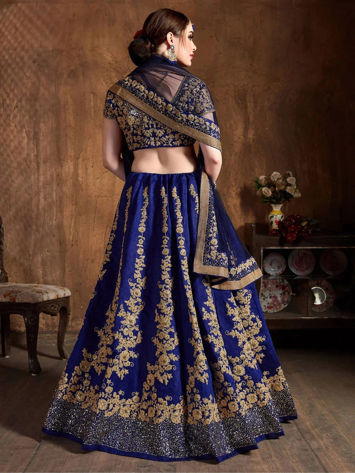 Tulsi Art Navy Blue Embroidery Raw Silk Wedding Lehenga Choli With Dupatta | Grocsy