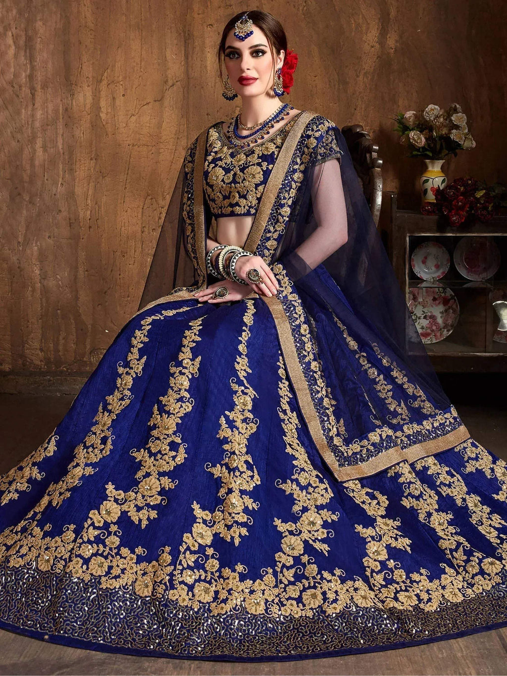 Tulsi Art Navy Blue Embroidery Raw Silk Wedding Lehenga Choli With Dupatta | Grocsy
