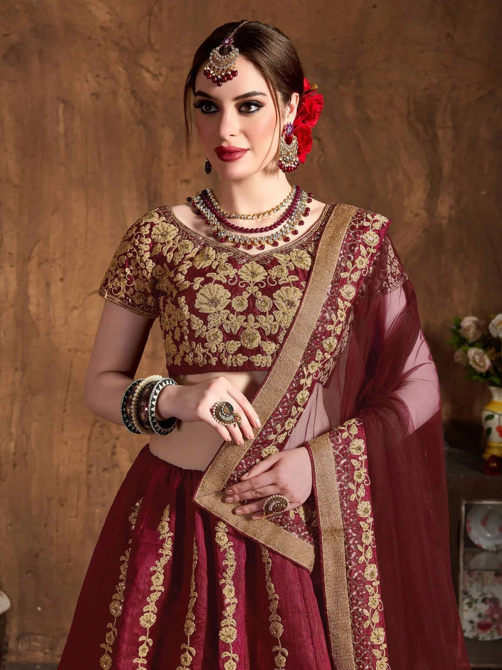 Tulsi Art Maroon Embroidery Raw Silk Wedding Lehenga Choli With Dupatta | Grocsy