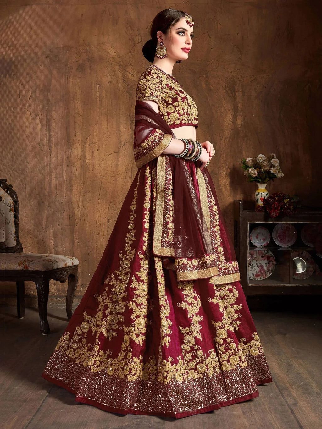 Tulsi Art Maroon Embroidery Raw Silk Wedding Lehenga Choli With Dupatta | Grocsy