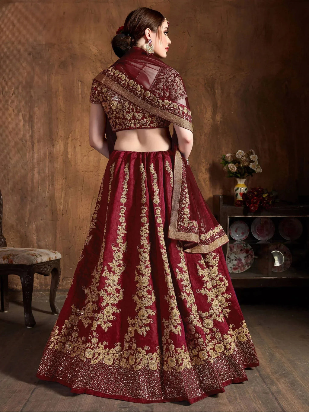 Tulsi Art Maroon Embroidery Raw Silk Wedding Lehenga Choli With Dupatta | Grocsy