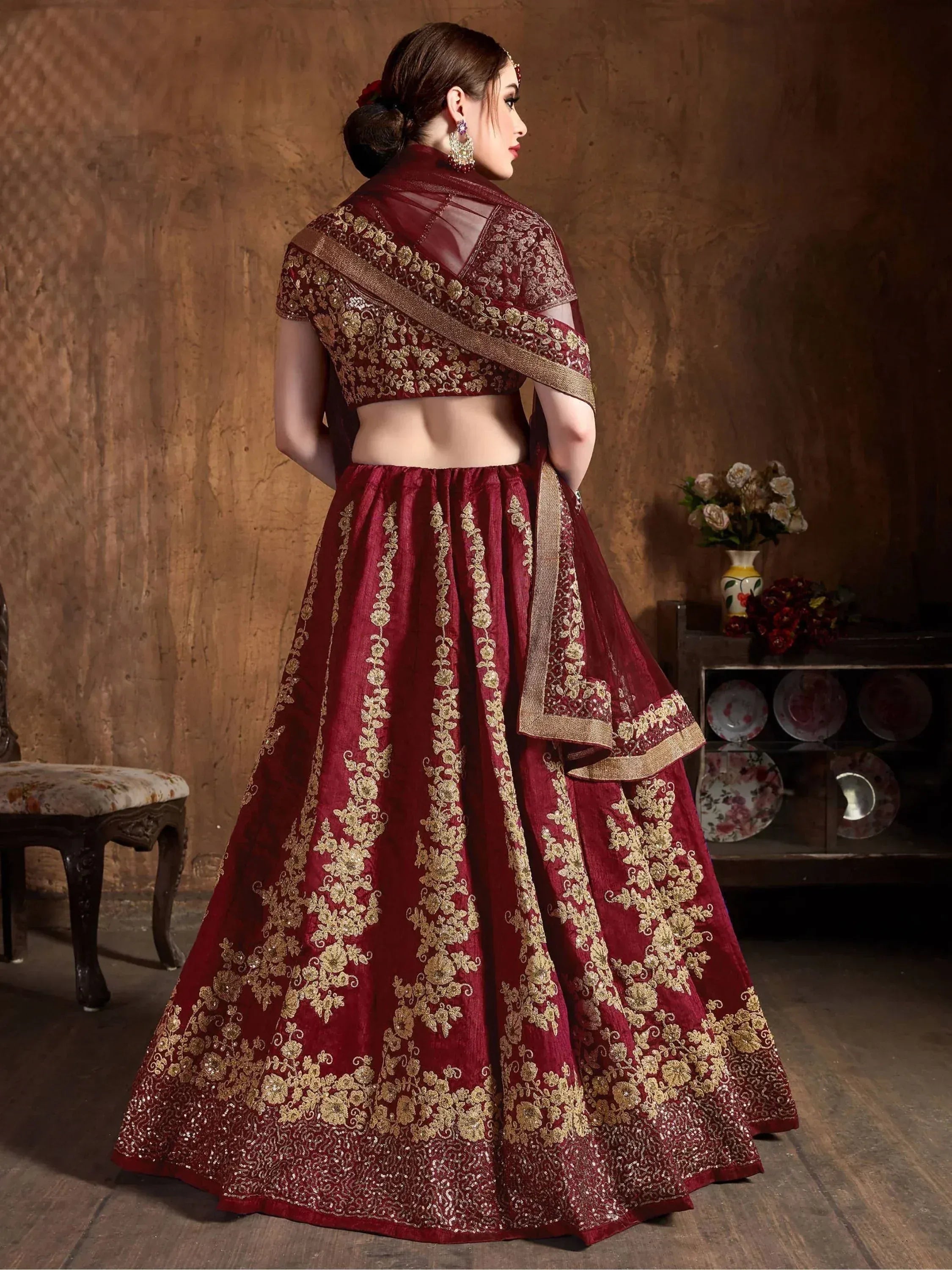 Tulsi Art Maroon Embroidery Raw Silk Wedding Lehenga Choli With Dupatta | Grocsy