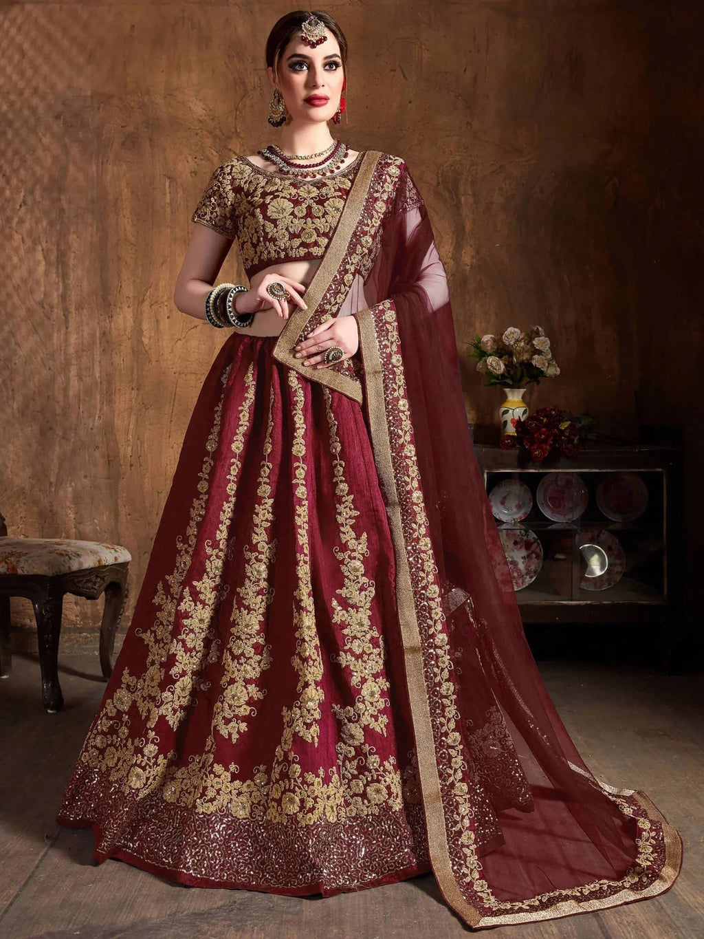Tulsi Art Maroon Embroidery Raw Silk Wedding Lehenga Choli With Dupatta | Grocsy