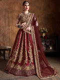 Tulsi Art Maroon Embroidery Raw Silk Wedding Lehenga Choli With Dupatta | Grocsy