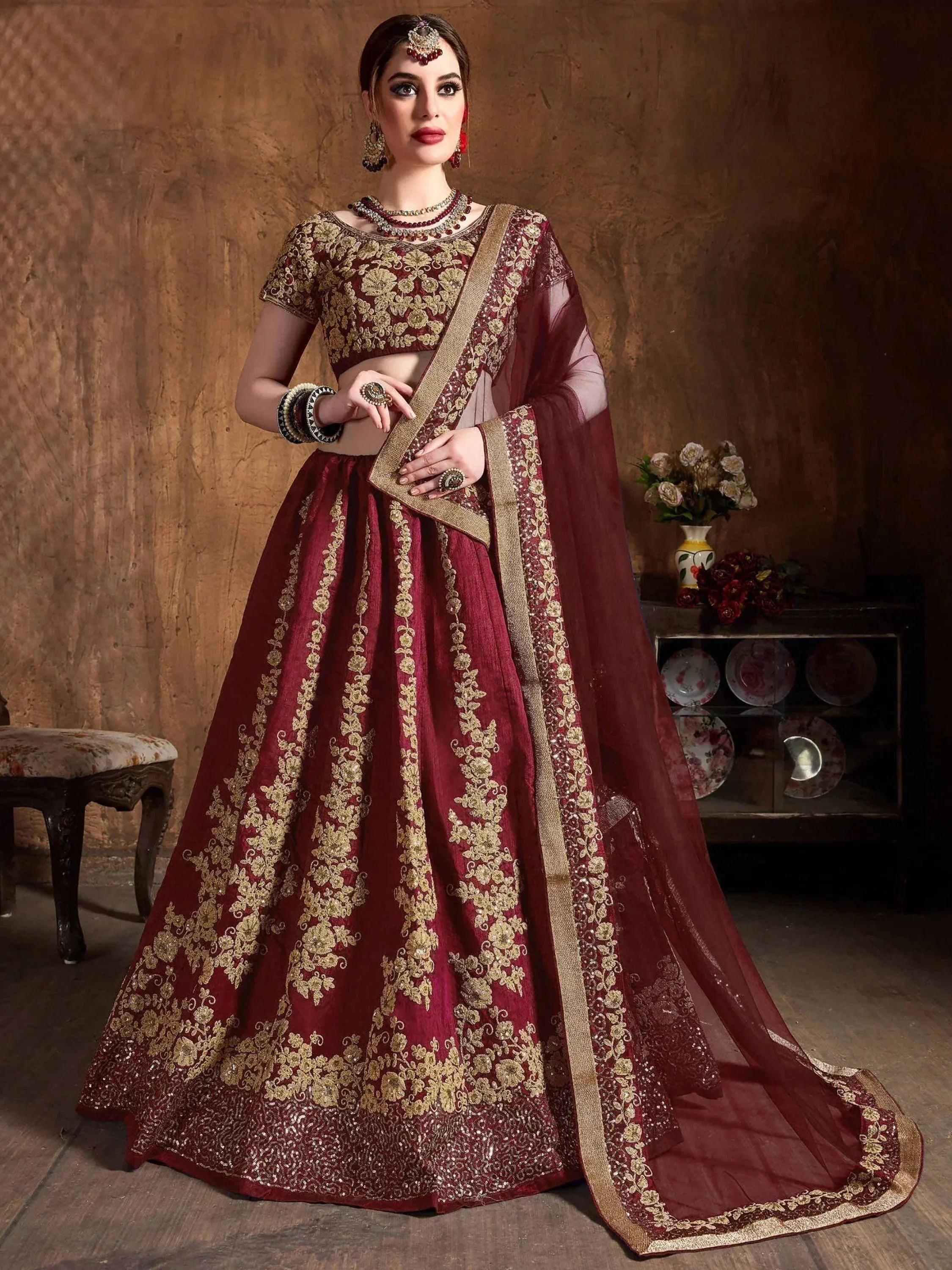 Tulsi Art Maroon Embroidery Raw Silk Wedding Lehenga Choli With Dupatta | Grocsy