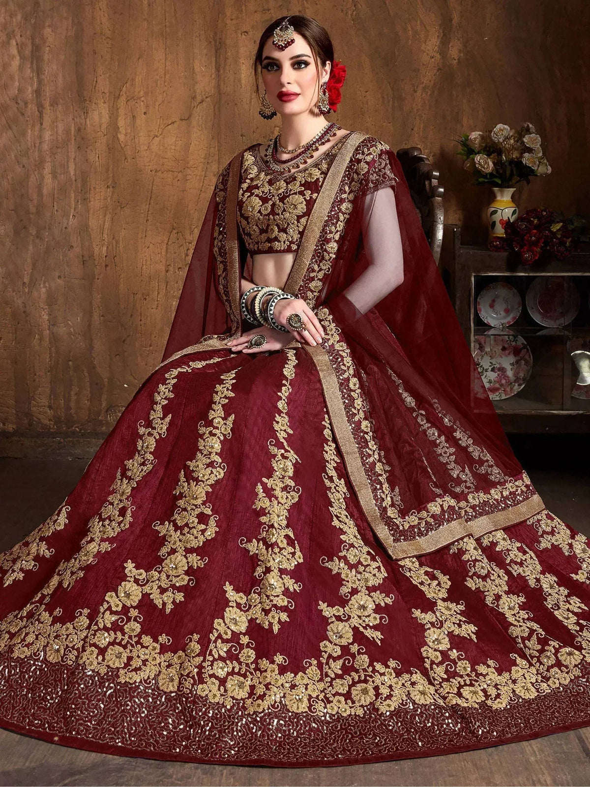 Tulsi Art Maroon Embroidery Raw Silk Wedding Lehenga Choli With Dupatta | Grocsy