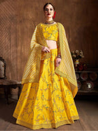 Tulsi Art Yellow Embroidery Mulberry Silk Bridal Lehenga Choli With Striped Dupatta | Grocsy