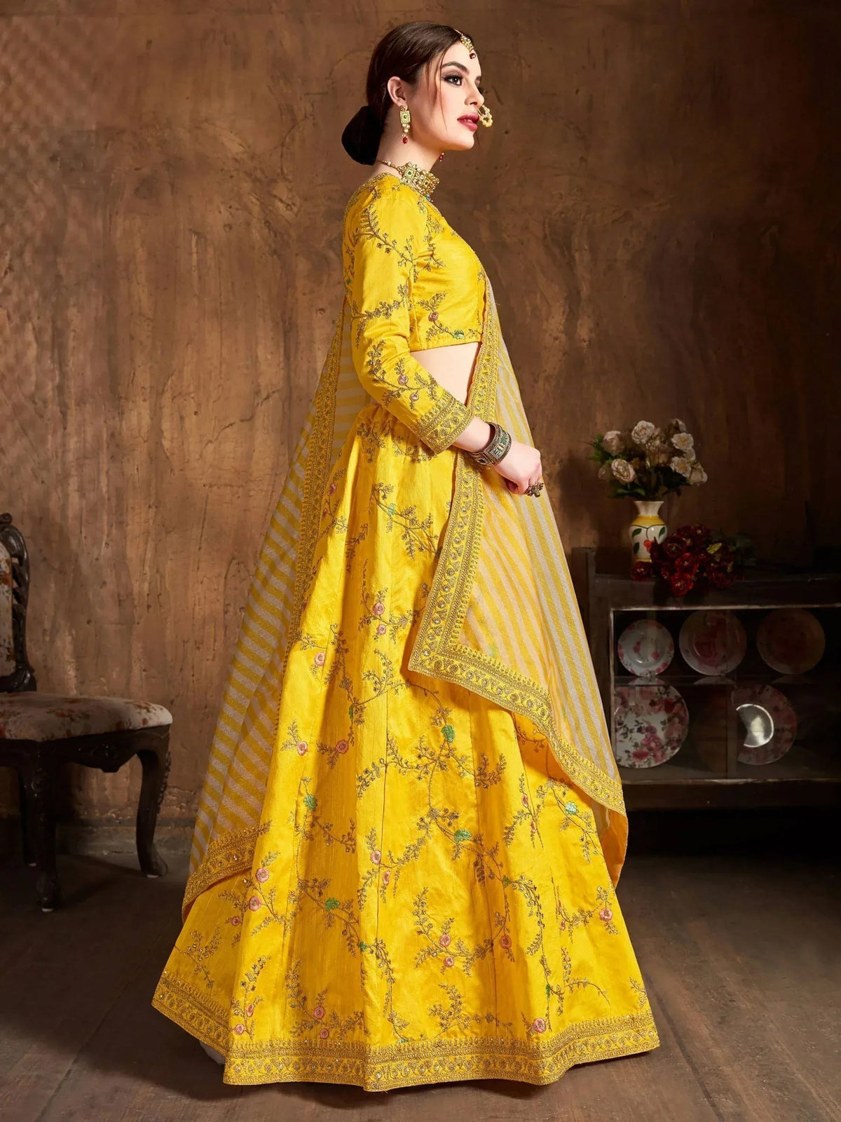 Tulsi Art Yellow Embroidery Mulberry Silk Bridal Lehenga Choli With Striped Dupatta | Grocsy