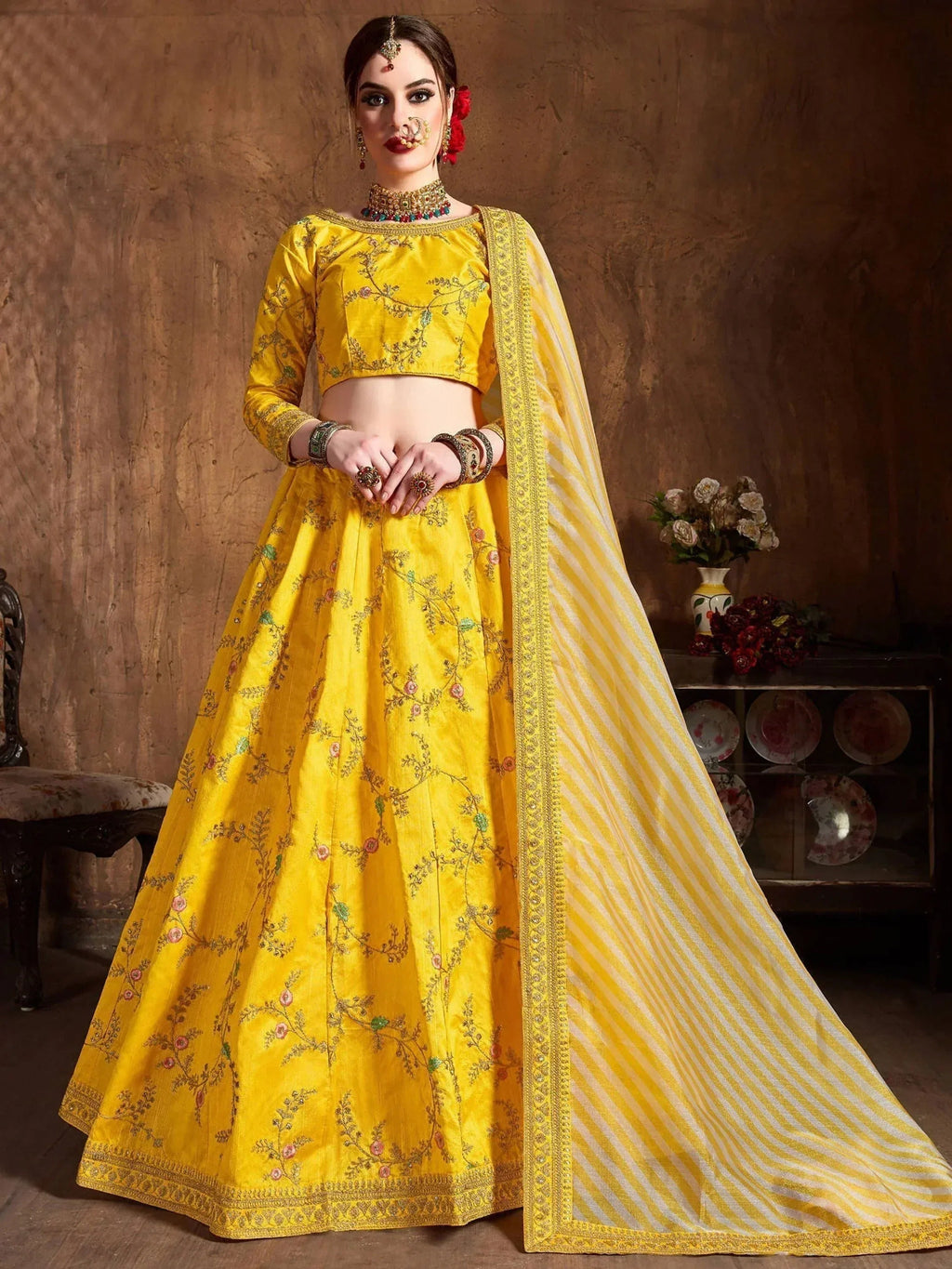 Tulsi Art Yellow Embroidery Mulberry Silk Bridal Lehenga Choli With Striped Dupatta | Grocsy