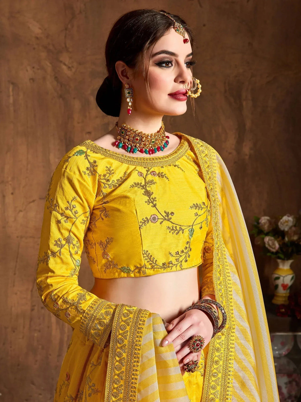 Tulsi Art Yellow Embroidery Mulberry Silk Bridal Lehenga Choli With Striped Dupatta | Grocsy