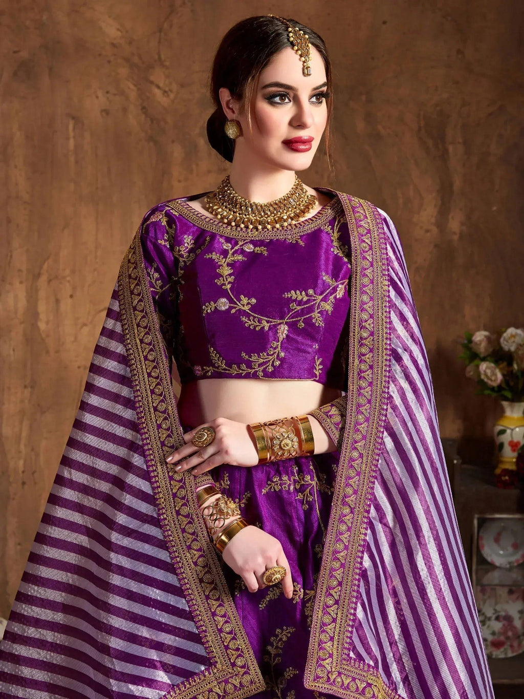 Tulsi Art Purple Embroidery Mulberry Silk Bridal Lehenga Choli With Striped Dupatta | Grocsy