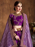 Tulsi Art Purple Embroidery Mulberry Silk Bridal Lehenga Choli With Striped Dupatta | Grocsy