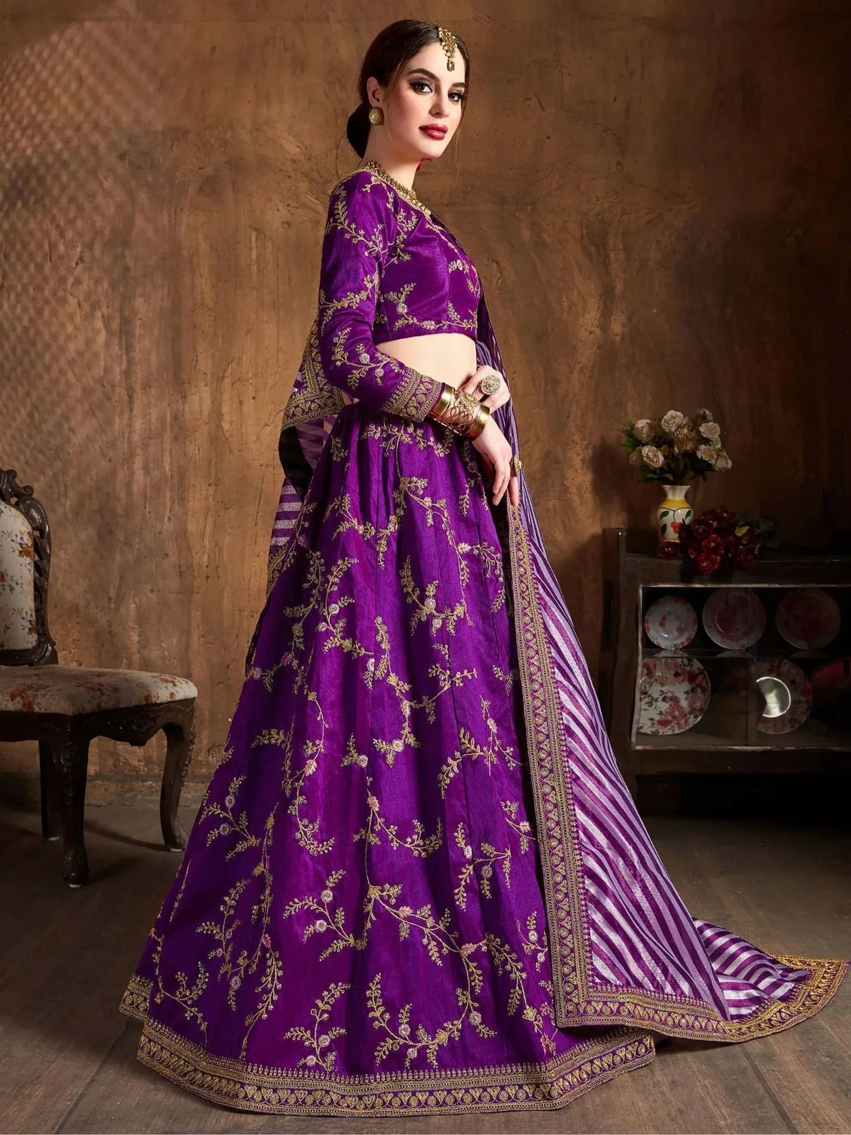 Tulsi Art Purple Embroidery Mulberry Silk Bridal Lehenga Choli With Striped Dupatta | Grocsy