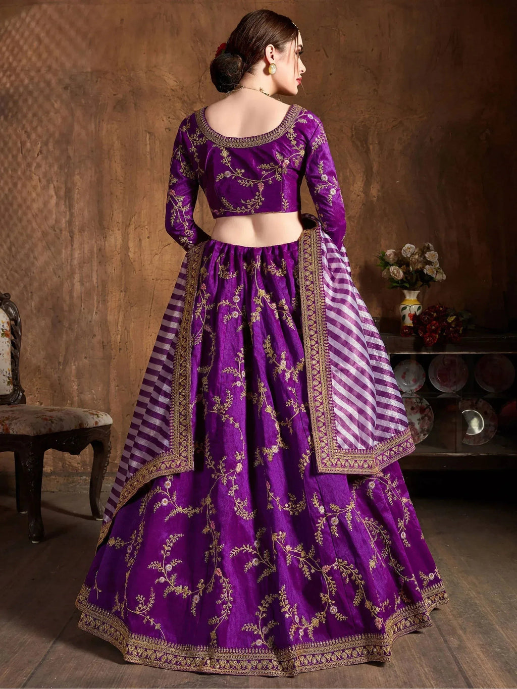 Tulsi Art Purple Embroidery Mulberry Silk Bridal Lehenga Choli With Striped Dupatta | Grocsy