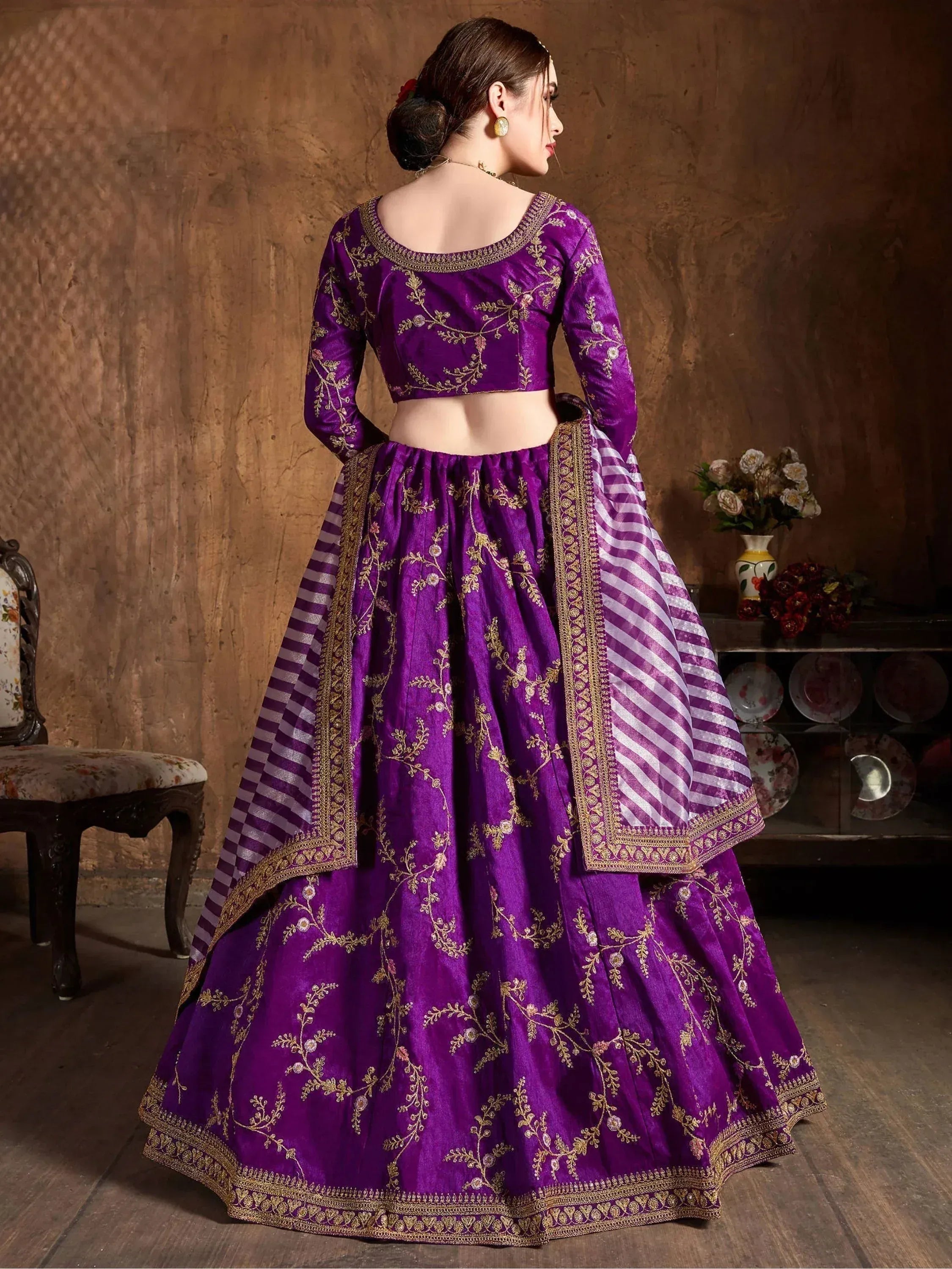 Tulsi Art Purple Embroidery Mulberry Silk Bridal Lehenga Choli With Striped Dupatta | Grocsy