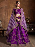 Tulsi Art Purple Embroidery Mulberry Silk Bridal Lehenga Choli With Striped Dupatta | Grocsy