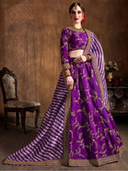 Tulsi Art Purple Embroidery Mulberry Silk Bridal Lehenga Choli With Striped Dupatta | Grocsy