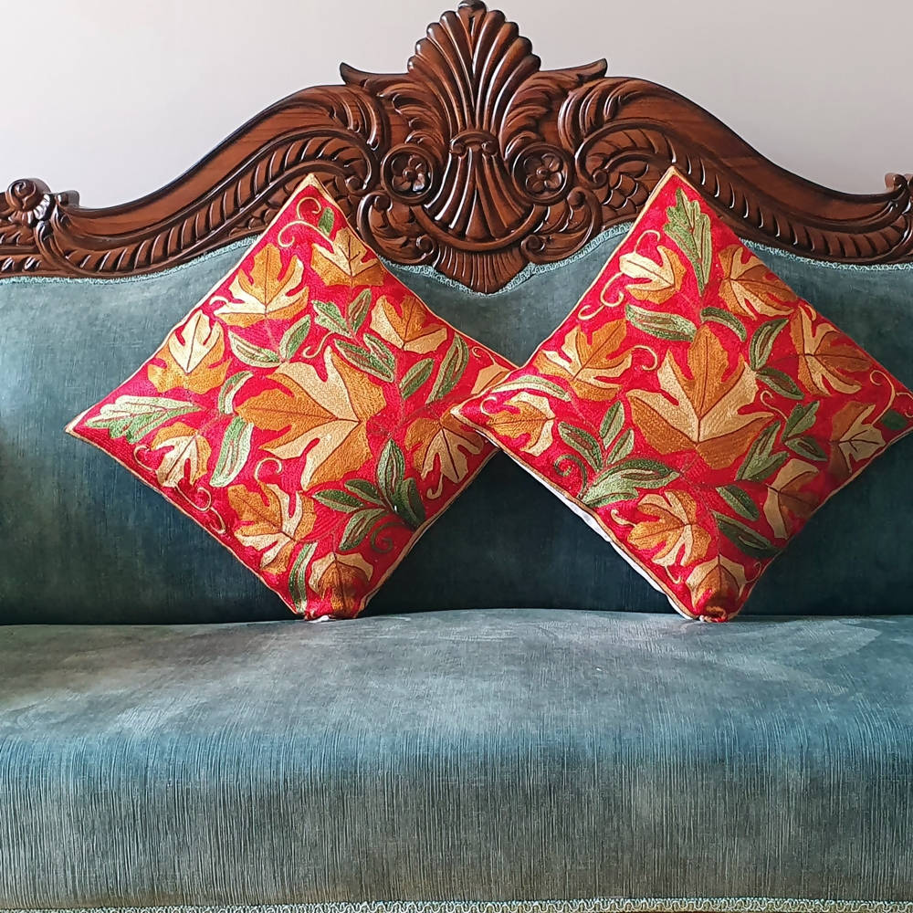The Decor Nook Hand Embroidered Crewel Cushion Covers in Mustard/ Off White Chinar Leaf Motif with Red Base | Grocsy