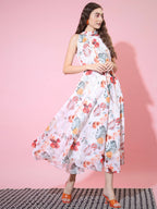 Myshka Women's White Floral Printed Empire Dress | Grocsy