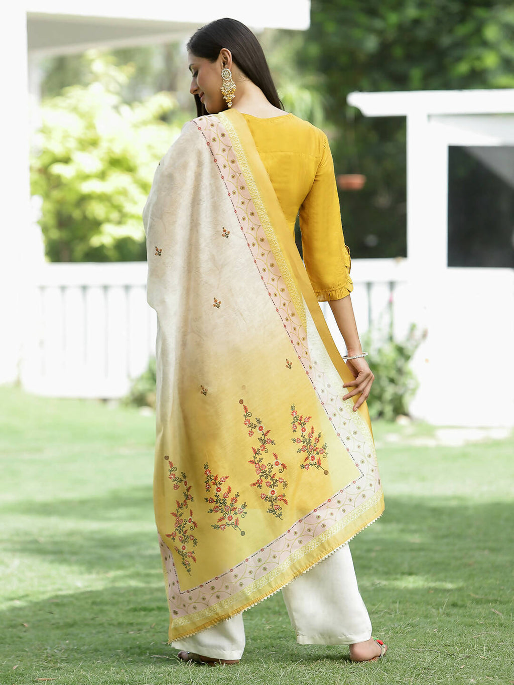 Juniper Mustard Mono Viscose Festive Wear Embroidered Straight Kurta Palazzo Dupatta Set | Grocsy