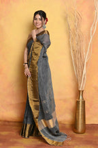 Very Much Indian Handloom Pure Cotton Linen Saree With Golden Border - Grey Gold | Grocsy