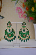 Green Gold-Polished Brass & Pearl Dangle Women Earrings| Hand Painted Meenakari Chandbali Traditional Ethnic Wear Earrings By House of Ree - Swadesiicart