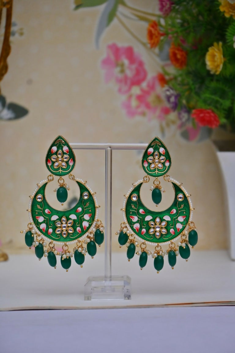 Green Gold-Polished Brass & Pearl Dangle Women Earrings| Hand Painted Meenakari Chandbali Traditional Ethnic Wear Earrings By House of Ree - Swadesiicart