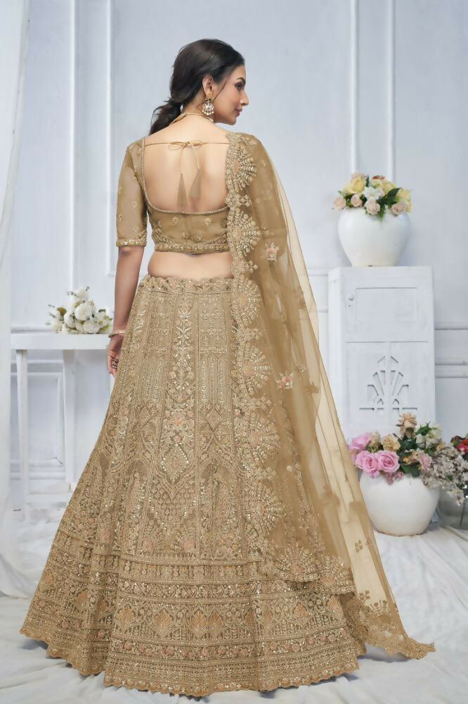 Kesar Fab Brown Net Embroidered Lehenga | Grocsy