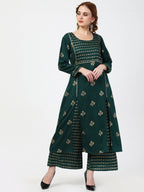 Cheera Embellished Daily Wear Cotton Blend Kurta With Palazoo - Bottle Green | Grocsy