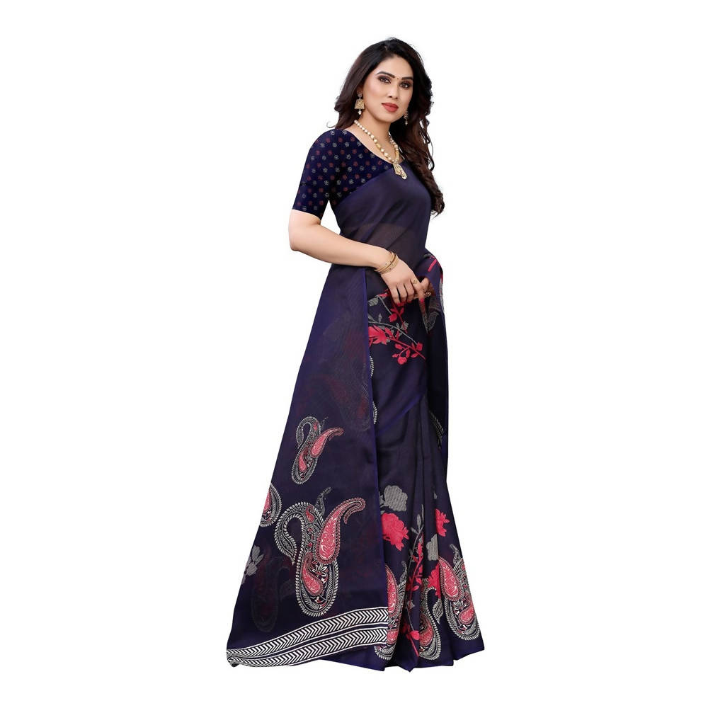 Vamika Printed Jute Silk Blue Saree (Leo Navy) | Grocsy