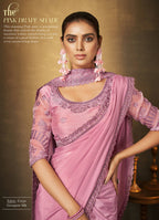 Pink Crepe Georgette Silk Cord Embroidered with Swaroski Work Saree With Unstitched Blouse Piece - Norita Royal Erisha | Grocsy