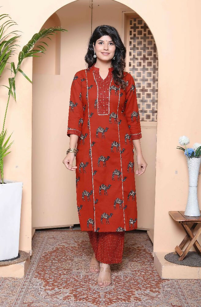 Miravan Womens Rust Animal Printed Three Quarter Sleeves Pure Cotton Kurta With Palazzo | Grocsy